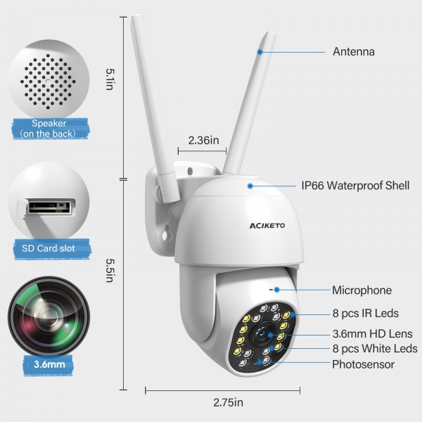 ACIKETO Pan Tilt Outdoor Security Camera, 1080P Home WiFi IP Camera, Pan Tilt Dome Surveillance Cam, Two Way Audio Motion Detection Clear Night Vision Onvif Waterproof CCTV Camera Support Max 128G SD