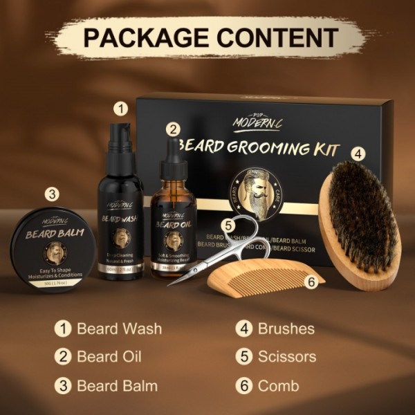 POP MODERN.C Beard Growth Kit Beard Grooming Kit 6pcs Beard Wash Shampoo Beard Oil Beard Balm Beard Comb Brush Scissors Best Gift for Men for Valentine's Day Christmas Father's Day Birthdays