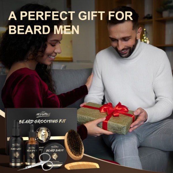 POP MODERN.C Beard Growth Kit Beard Grooming Kit 6pcs Beard Wash Shampoo Beard Oil Beard Balm Beard Comb Brush Scissors Best Gift for Men for Valentine's Day Christmas Father's Day Birthdays